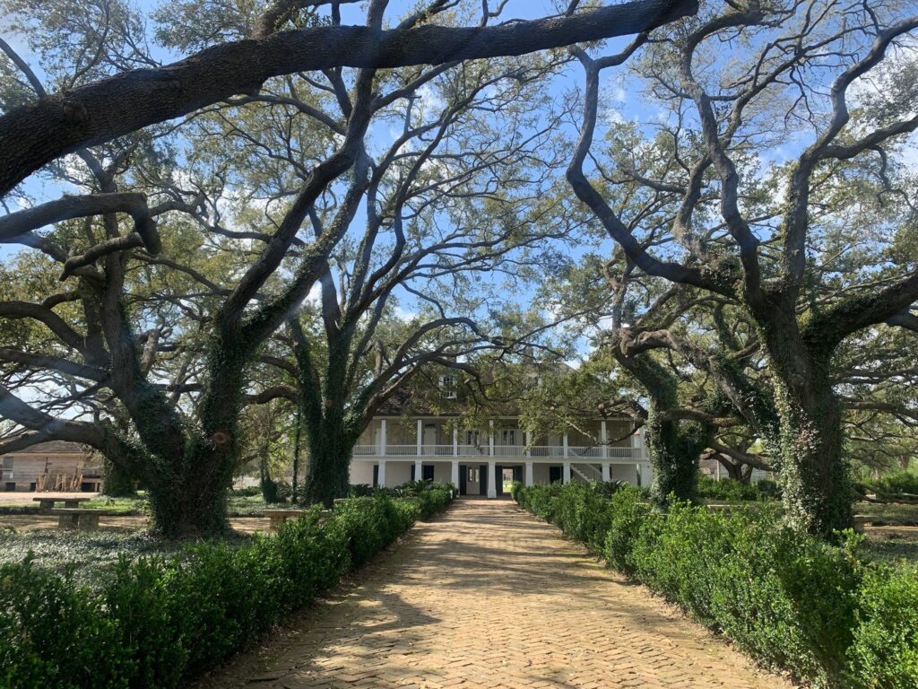 Brick walkway lined up with trees that lead to a two story white home